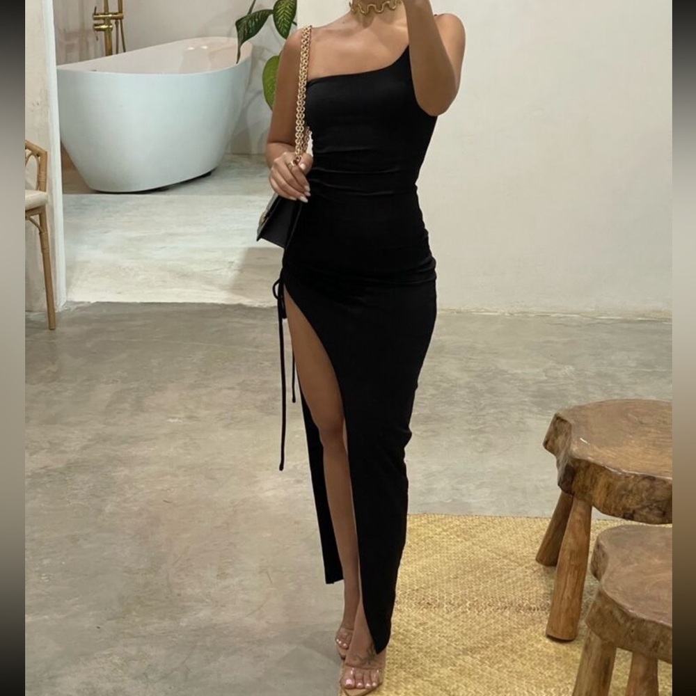 New one shoulder side slit tie bodycon maxi dress~